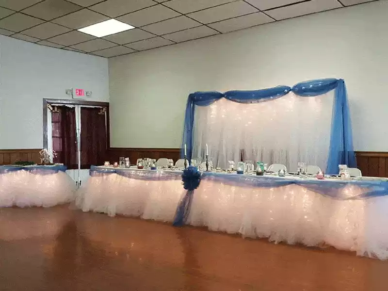 White tulle table skirting with twinkle lights and backdrop with blue swag and lights decor