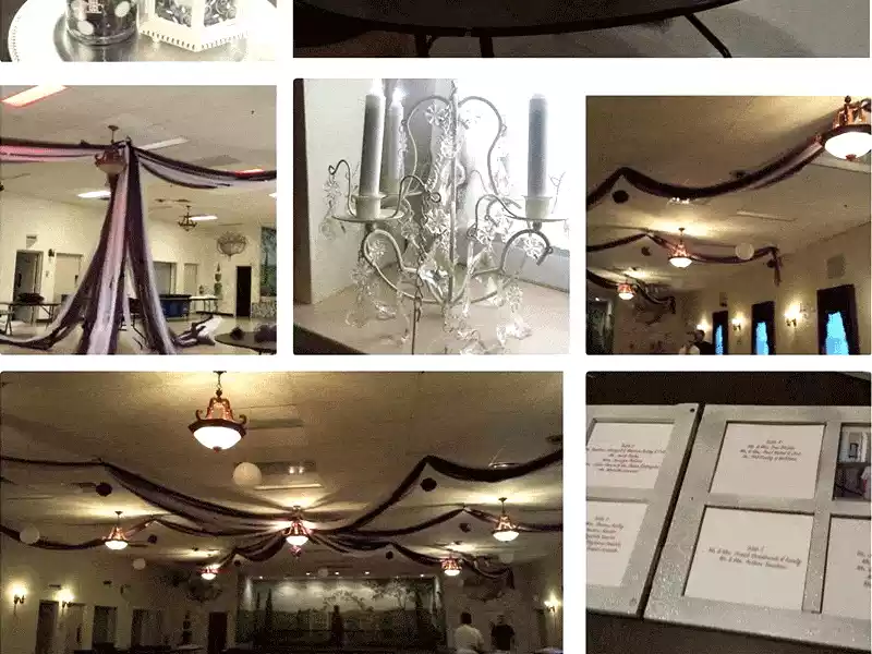 collage of wedding decor in burgundy, white and silver