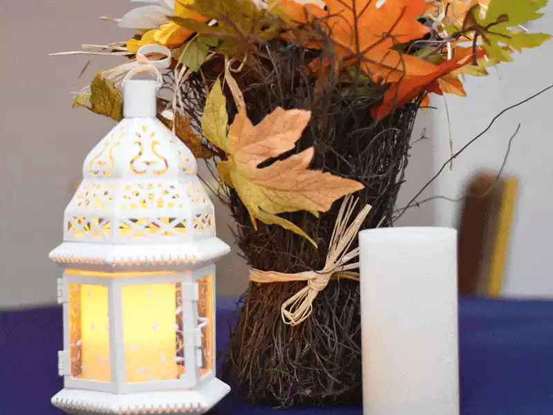 Fall themed centerpiece with candle lantern