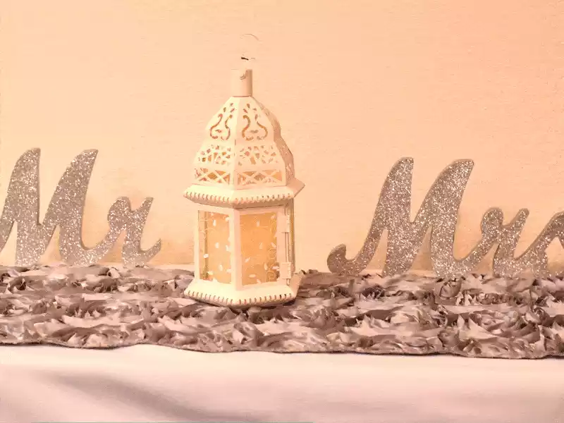 Wedding decor Mr. and Mrs. foam letters in silver glitter with white candle lantern