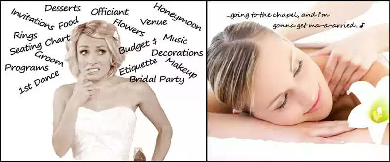 event planning - A stressed and relaxed bride thinking about their wedding planning deatils