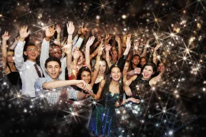 birthday Kids dancing at a sweet 16 with a sparkly overlay