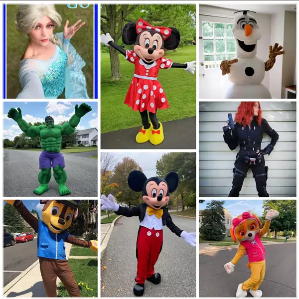 A collage of costumed characters in the photo are Elsa, Mickey and Minnie, Olaf, The Hulk, Skye, Black Widow and Police Pup